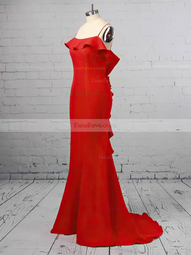 Trumpet/Mermaid Square Neckline Satin Sweep Train Cascading Ruffles Prom Dresses #Favs020106411