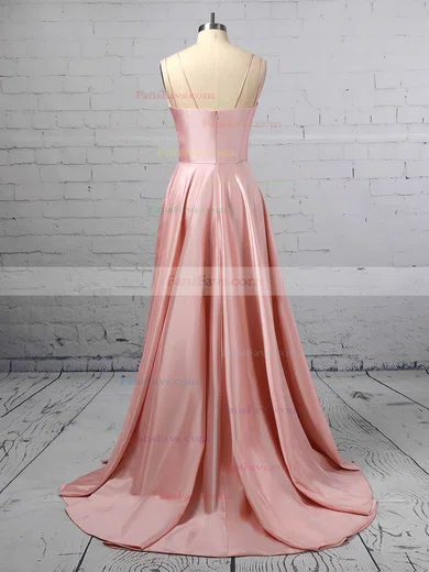A-line Square Neckline Satin Sweep Train Pockets Prom Dresses #Favs020106414