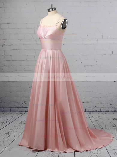A-line Square Neckline Satin Sweep Train Pockets Prom Dresses #Favs020106414