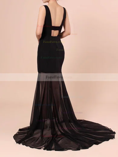 Trumpet/Mermaid V-neck Chiffon Stretch Crepe Sweep Train Split Front Prom Dresses #Favs020106420