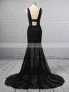 Trumpet/Mermaid V-neck Chiffon Stretch Crepe Sweep Train Split Front Prom Dresses #Favs020106420