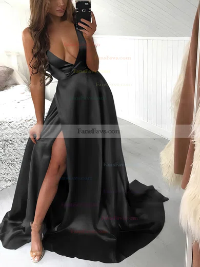 A-line Halter Silk-like Satin Sweep Train Split Front Prom Dresses #Favs020106435
