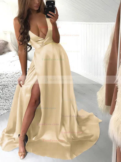 A-line Halter Silk-like Satin Sweep Train Split Front Prom Dresses #Favs020106435