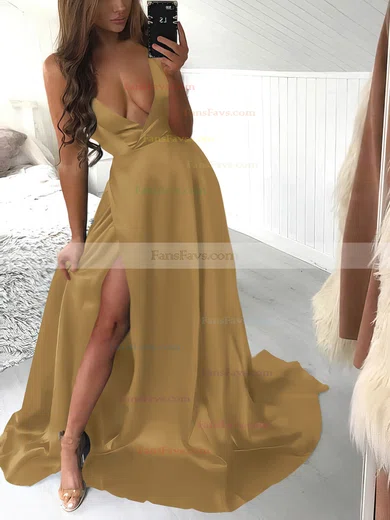 A-line Halter Silk-like Satin Sweep Train Split Front Prom Dresses #Favs020106435