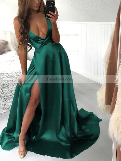 A-line Halter Silk-like Satin Sweep Train Split Front Prom Dresses #Favs020106435
