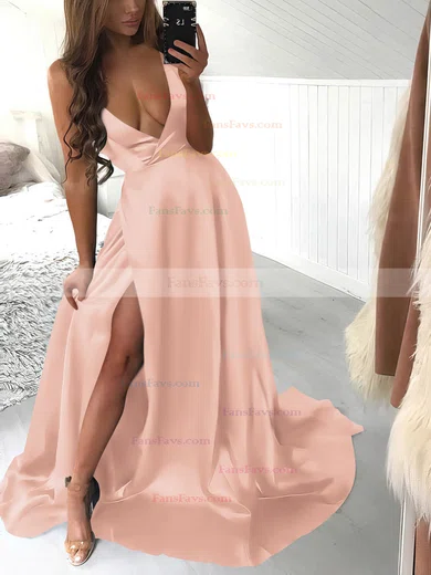 A-line Halter Silk-like Satin Sweep Train Split Front Prom Dresses #Favs020106435