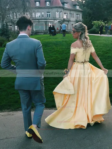 A-line Off-the-shoulder Lace Satin Sweep Train Beading Prom Dresses #Favs020106439