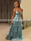 A-line V-neck Satin Floor-length Tiered Prom Dresses #Favs020106445