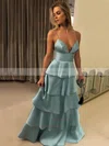 A-line V-neck Satin Floor-length Tiered Prom Dresses #Favs020106445