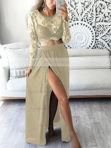 A-line Scoop Neck Lace Chiffon Ankle-length Split Front Prom Dresses #Favs020102597