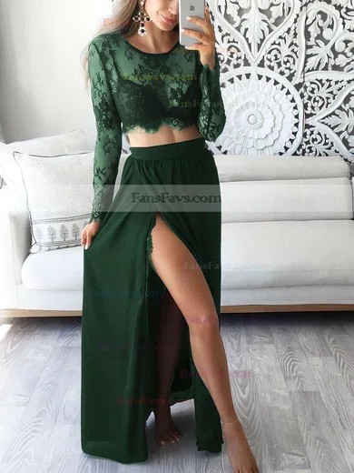 A-line Scoop Neck Lace Chiffon Ankle-length Split Front Prom Dresses #Favs020102597