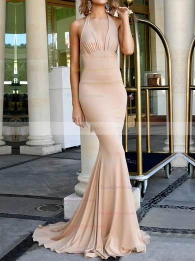 Trumpet/Mermaid Halter Jersey Sweep Train Ruffles Prom Dresses #Favs020106451