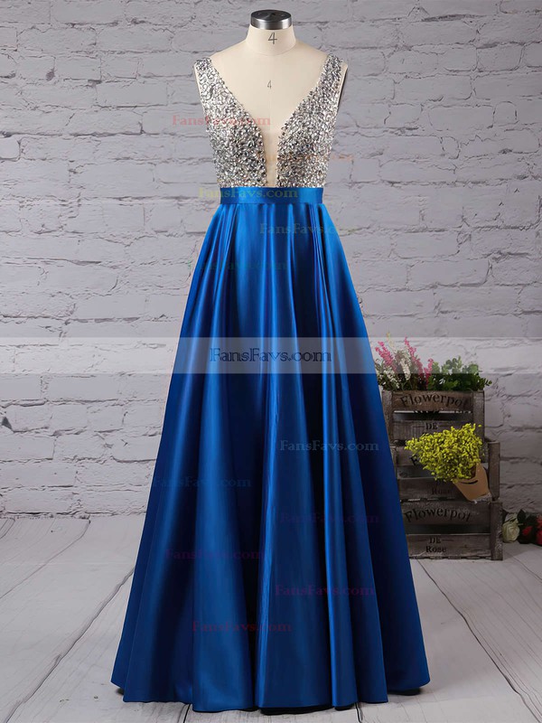 Princess V-neck Satin Floor-length Beading Prom Dresses #Favs020102600
