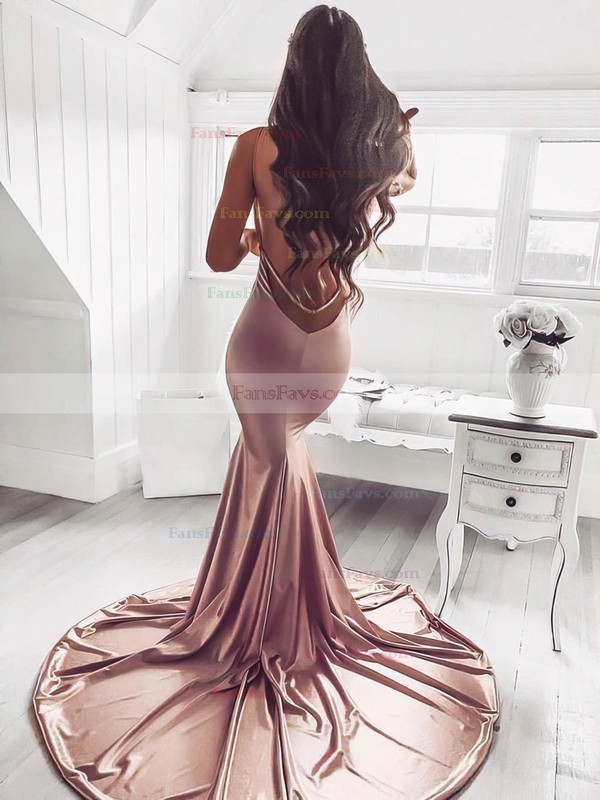 Trumpet/Mermaid V-neck Silk-like Satin Sweep Train Ruffles Prom Dresses #Favs020106463