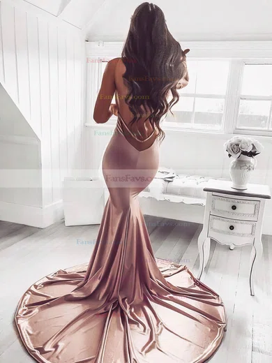 Trumpet/Mermaid V-neck Silk-like Satin Sweep Train Ruffles Prom Dresses #Favs020106463