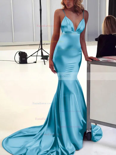 Trumpet/Mermaid V-neck Silk-like Satin Sweep Train Ruffles Prom Dresses #Favs020106463