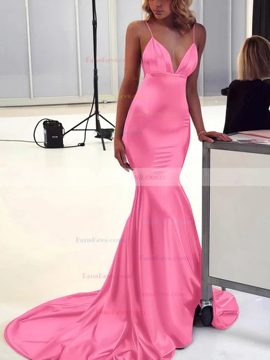 Trumpet/Mermaid V-neck Silk-like Satin Sweep Train Ruffles Prom Dresses #Favs020106463