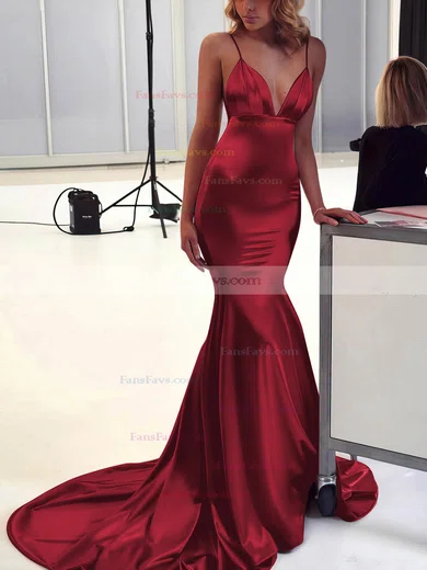 Trumpet/Mermaid V-neck Silk-like Satin Sweep Train Ruffles Prom Dresses #Favs020106463