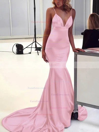 Trumpet/Mermaid V-neck Silk-like Satin Sweep Train Ruffles Prom Dresses #Favs020106463