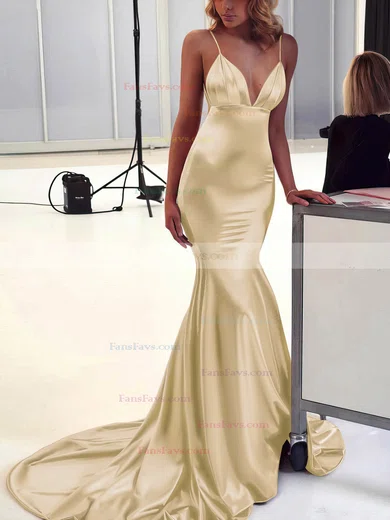 Trumpet/Mermaid V-neck Silk-like Satin Sweep Train Ruffles Prom Dresses #Favs020106463