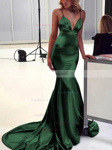 Trumpet/Mermaid V-neck Silk-like Satin Sweep Train Ruffles Prom Dresses #Favs020106463