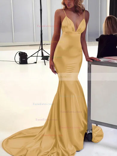 Trumpet/Mermaid V-neck Silk-like Satin Sweep Train Ruffles Prom Dresses #Favs020106463