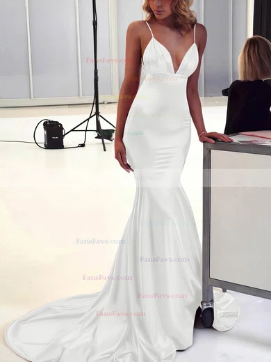 Trumpet/Mermaid V-neck Silk-like Satin Sweep Train Ruffles Prom Dresses #Favs020106463