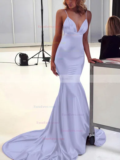 Trumpet/Mermaid V-neck Silk-like Satin Sweep Train Ruffles Prom Dresses #Favs020106463