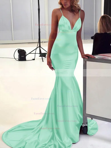 Trumpet/Mermaid V-neck Silk-like Satin Sweep Train Ruffles Prom Dresses #Favs020106463