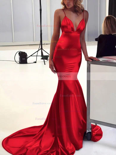 Trumpet/Mermaid V-neck Silk-like Satin Sweep Train Ruffles Prom Dresses #Favs020106463