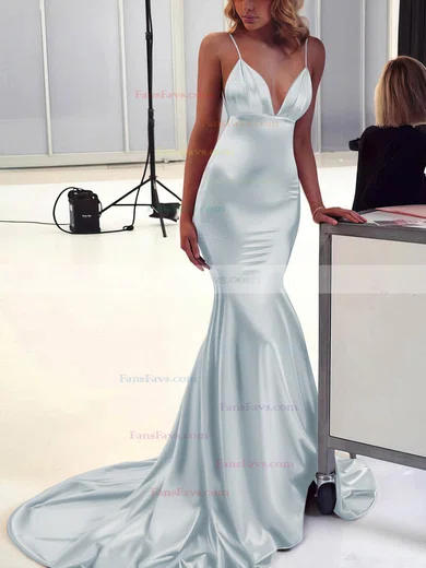Trumpet/Mermaid V-neck Silk-like Satin Sweep Train Ruffles Prom Dresses #Favs020106463