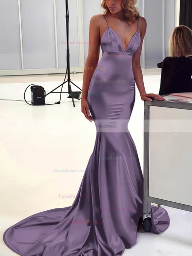 Trumpet/Mermaid V-neck Silk-like Satin Sweep Train Ruffles Prom Dresses #Favs020106463