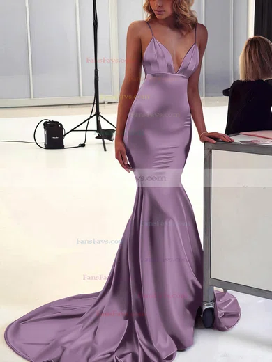 Trumpet/Mermaid V-neck Silk-like Satin Sweep Train Ruffles Prom Dresses #Favs020106463
