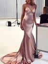 Trumpet/Mermaid V-neck Silk-like Satin Sweep Train Ruffles Prom Dresses #Favs020106463