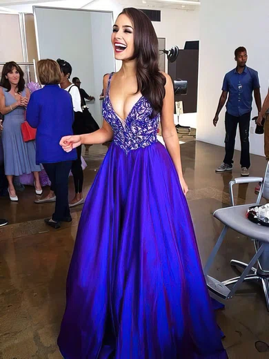 A-line V-neck Satin Sweep Train Beading Prom Dresses #Favs020102608