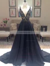 A-line V-neck Satin Sweep Train Beading Prom Dresses #Favs020102608