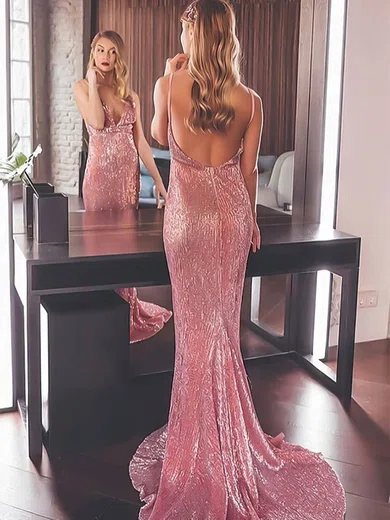 Sheath/Column V-neck Sequined Sweep Train Prom Dresses #Favs020106502
