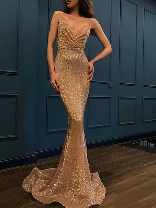 Trumpet/Mermaid V-neck Sequined Sweep Train Prom Dresses #Favs020106503 Trumpet/Mermaid V-neck Sequined Sweep Train Prom Dresses #Favs020106503