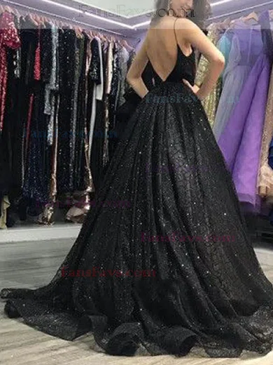Ball Gown V-neck Glitter Sweep Train Pockets Prom Dresses #Favs020106505