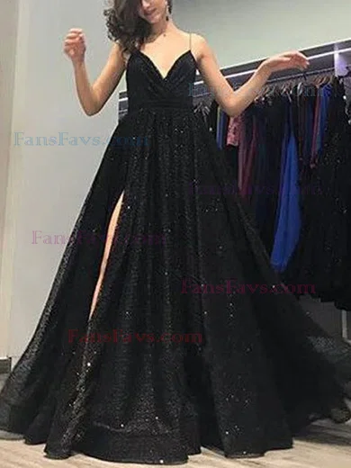 Ball Gown V-neck Glitter Sweep Train Pockets Prom Dresses #Favs020106505