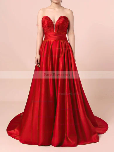 A-line V-neck Satin Sweep Train Ruffles Prom Dresses #Favs020102672