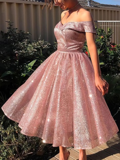A-line Off-the-shoulder Glitter Tea-length Short Prom Dresses #Favs020106510