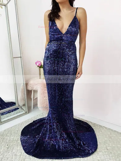 Trumpet/Mermaid V-neck Sequined Sweep Train Prom Dresses #Favs020106514
