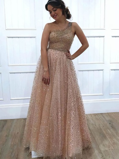 A-line One Shoulder Glitter Floor-length Beading Prom Dresses #Favs020106516