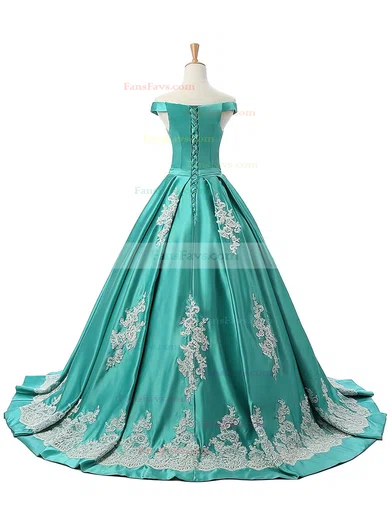 Ball Gown Off-the-shoulder Sweep Train Satin Appliques Lace Prom Dresses #Favs020102721