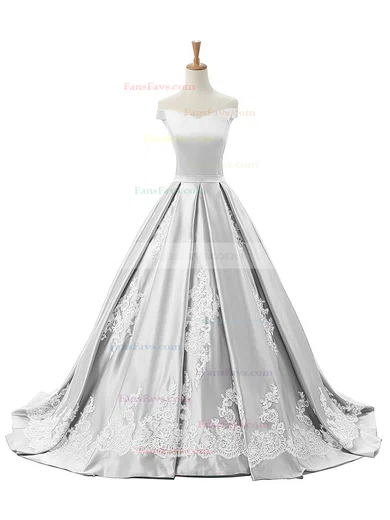 Ball Gown Off-the-shoulder Sweep Train Satin Appliques Lace Prom Dresses #Favs020102721