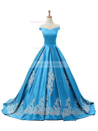 Ball Gown Off-the-shoulder Sweep Train Satin Appliques Lace Prom Dresses #Favs020102721