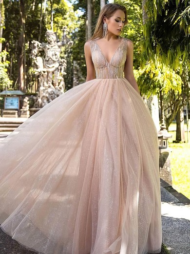 Princess V-neck Tulle Glitter Floor-length Beading Prom Dresses #Favs020106519