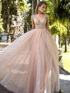 Princess V-neck Tulle Glitter Floor-length Beading Prom Dresses #Favs020106519