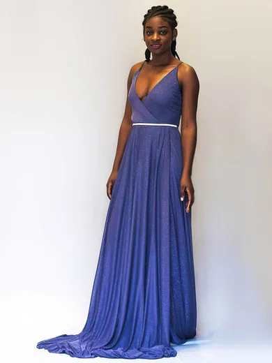 A-line V-neck Shimmer Crepe Sweep Train Sashes / Ribbons Prom Dresses #Favs020106521